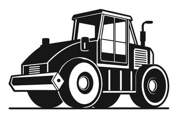 Isolated black road roller stands against a white backdrop in a monochrome tone