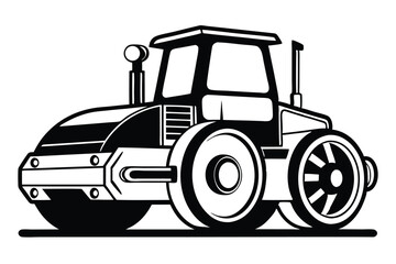 Black and white steamroller illustration shows solid construction and industrial machinery prowess