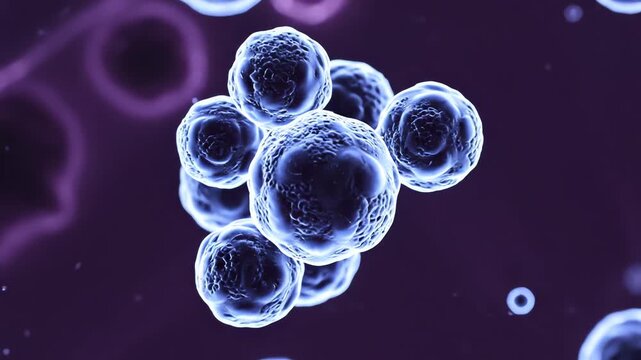 Extremely slow motion close-up of spherical microscopic organisms floating and gently rotating against a deep purple background in a nutrient medium cellular structure, abstract visualization