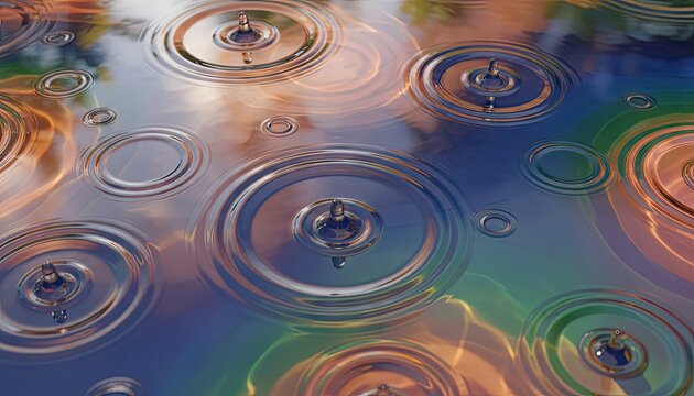Concentric Ripples on Water Surface Reflecting Warm Sunlight and Greenery in a Serene Outdoor Setting