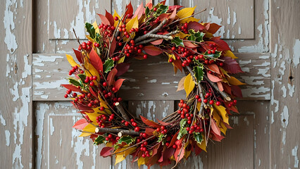 A vibrant autumn wreath, crafted with colorful leaves, red berries, and twigs, hangs on a rustic, weathered wooden door.