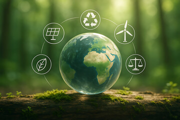 Glass earth globe on a mossy log encircled by icons for recycling, solar power, wind energy, environmental law, and leaf for sustainable practices