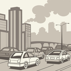 City traffic jam, thick smog, congested roads.