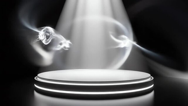 Futuristic minimalist circular podium bathed in stark white light projecting slow abstract shapes onto a surrounding void for product display abstract, motion, concept
