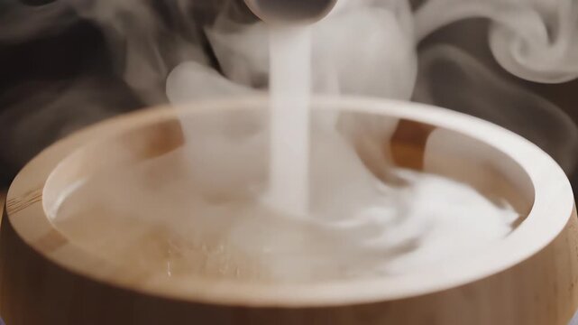 Gentle cinematic dolly shot revealing essential oil droplets dispersing and swirling into water within a modern ultrasonic diffuser under soft ambient lighting water, modern, purification