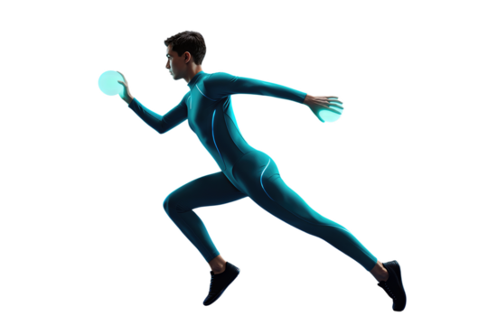 Dynamic Man in Blue Bodysuit Holding Glowing Discs