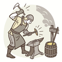 Frontier blacksmith forging enchanted weapons.