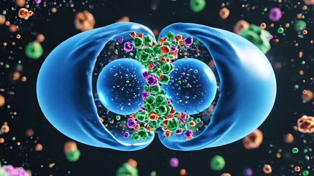Genesis of life represented by a smooth rotating blue sphere swelling and splitting precisely in half while surrounded by energized microscopic elements floating particles, swelling and splitting