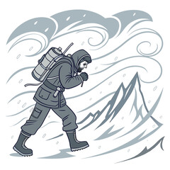 Mountaineer braves a fierce blizzard, battling snow and wind.