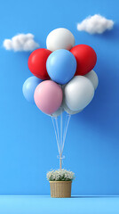 Vibrant Balloon Bouquet and Flower Basket Floating in a Blue Sky with Clouds