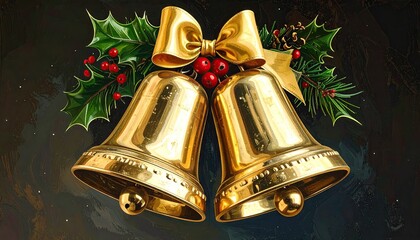 Golden Christmas Bells Decorated with Holly and Festive Ribbon.