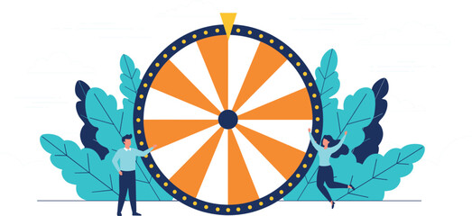 Lucky spin wheel illustration with celebrating people concept for reward, prize game, lottery and bonus campaign
