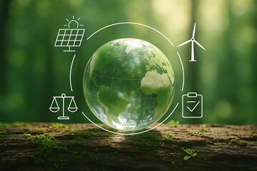 Glass earth globe surrounded by icons of solar panels, wind turbines, legal scales, and a checklist for clean energy and sustainable regulatory compliance