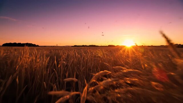 Golden tall field grass swaying violently in slow motion as an unseen force rushes quickly across the rural agricultural land during sunset ethereal, texture, autumn
