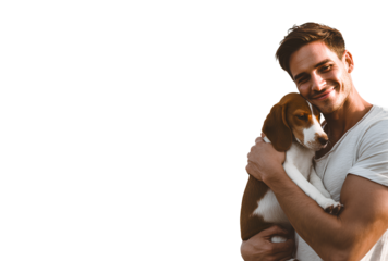 Man holds dog smiling with love and friendship looking at camera on transparent background happy and care for pet