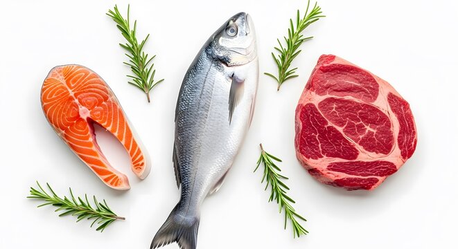 Raw salmon steak fresh sea bream and marbled beef garnished with rosemary sprigs isolated on white - Powered by Adobe