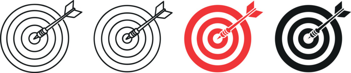 Set of target icons with arrow hitting bullseye in black and red outline for goal achievement concept