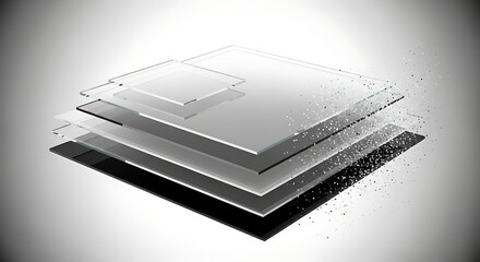 Monochromatic Deconstruction Layered Glass Panels Dissolving into Particles.