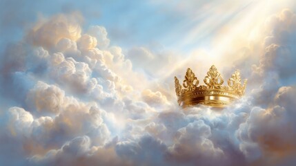 A breathtaking golden crown elegantly resting on soft, fluffy clouds, evoking enchanting dreams and a sense of royalty © neirfy