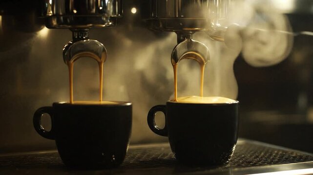 Two Cups of Steaming Coffee Being Brewed in a Cafe.