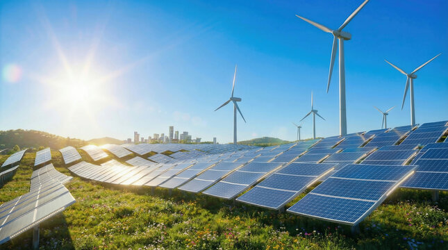 futuristic scene of a solar panel farm on rolling hills with wind turbines in the background. The sun is shining brightly, highlighting renewable energy and sustainability. The sky should be  - Powered by Adobe