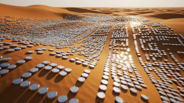 High angle simulated aerial drone view of a massive array of small silver metallic tokens scattered across vast textured ochre desert dunes creating intricate natural geometric patterns high angle sim