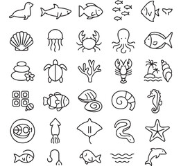 a collection of delicate line art icons depicting various marine life including fish jellyfish crabs and seashells on transparent background silhouette high quality professional detailed modern