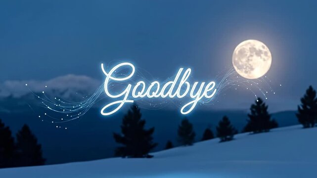 Neon Goodbye Text Over Snowy Moonlit Hill.
