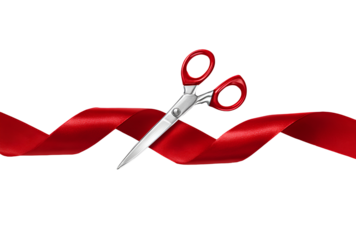 Scissors Cutting Bright Red Ribbon Celebrating Grand Opening or Special Event with Ceremony and Festivities