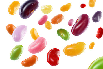Scattered Jelly Beans Falling or Floating in Colorful Array on Transparent Background for Confectionery Theme Full Shot