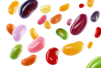 Scattered Jelly Beans Falling or Floating in Colorful Array on Transparent Background for Confectionery Theme Full Shot