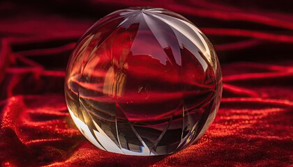 Clear crystal sphere resting on a rich red textured surface with dramatic lighting.