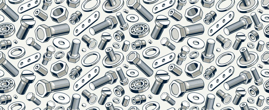 Bolts and nuts seamless background, repair and maintenance workshop tiling wallpaper, mechanic technics service endless pattern, elements easy to use separately.