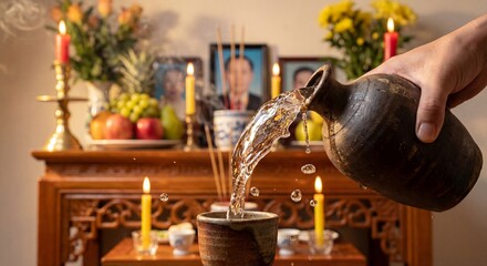 Hand pouring traditional rice wine from ceramic jar into cup on ancestor altar table worship ritual concept