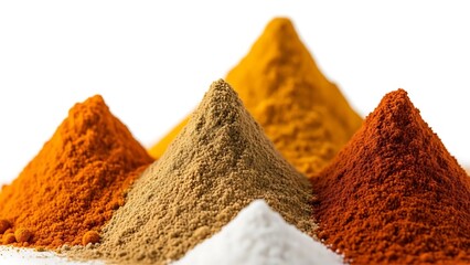 Colorful spice piles against white background for culinary and food photography