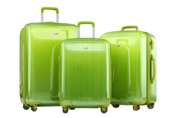 Set of green suitcases in various sizes for travel and tourism adventures on transparent backdrop with organized baggage