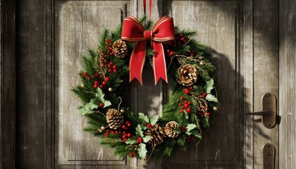 Festive Christmas wreath with pinecones and red bow on old wooden door.