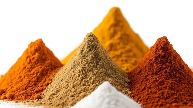 Colorful spice piles against white background for culinary and food photography
