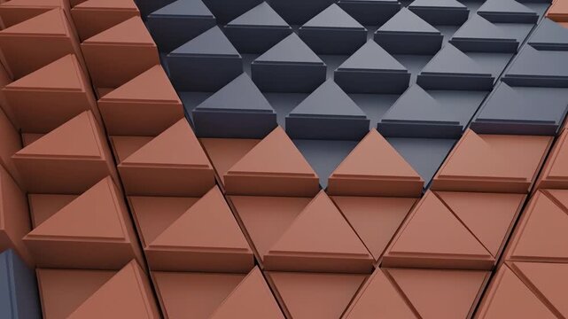 Hypnotic 3D geometric pattern featuring bold tessellating triangles that pulse and shift depth in muted tones of terracotta orange and dark slate blue motion graphic, movement, abstract art