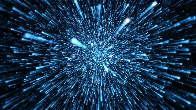 Hyper-speed futuristic digital stream of glowing abstract blue and cyan light trails rushing directly towards the camera suggesting massive digital commerce and network activity connection, finance