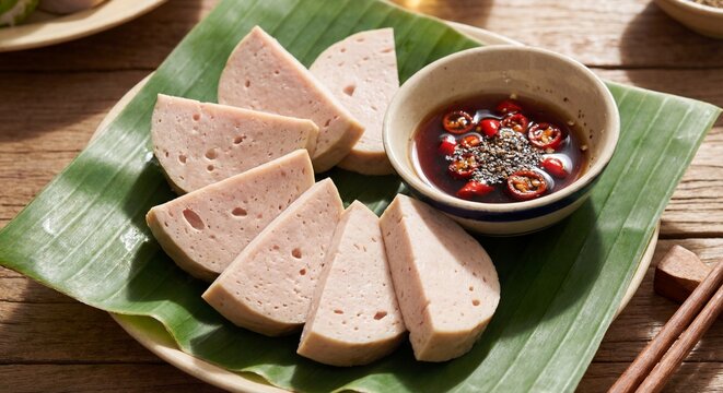 Slices of vietnamese pork roll sausage gio lua served on green banana leaf with fish sauce chili dip
