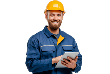 Smiling construction worker in yellow helmet holds tablet wearing blue uniform while at job site for industrial project
