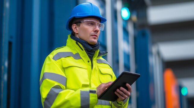 A man in a yellow jacket is wearing a hard hat and holding a tablet
