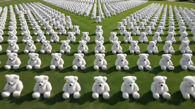 Impressive high-angle aerial view of hundreds of small, pristine white teddy bears meticulously spread out and arranged in perfectly straight, converging parallel lines mass, small, background