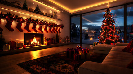 Warm Christmas ambiance with glowing fireplace and tree