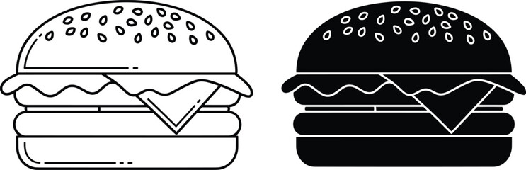 Hamburger or Cheeseburger Outline and Silhouette Icon Vector Illustration Set Showing a Layered Sandwich with Bun and Sesame Seeds for Fast Food, Restaurant, and Menu Design