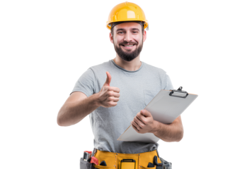 Smiling construction worker with clipboard giving thumbs up in transparent background