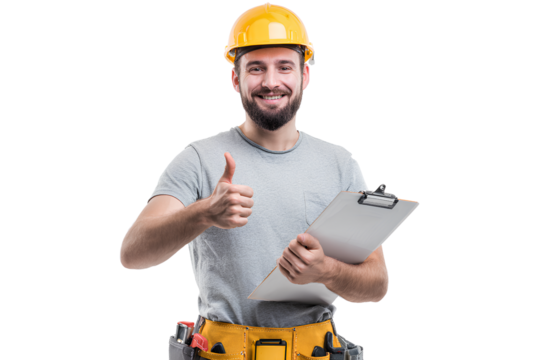 Smiling construction worker with clipboard giving thumbs up in transparent background