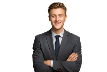 Smiling young businessman in suit with crossed arms standing confidently against transparent background 110 characters