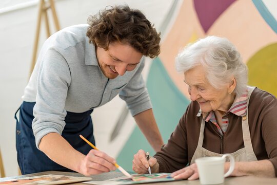 Smiling older woman and young adult painting together at a table, sharing creativity and joy in a cozy, colorful indoor art space